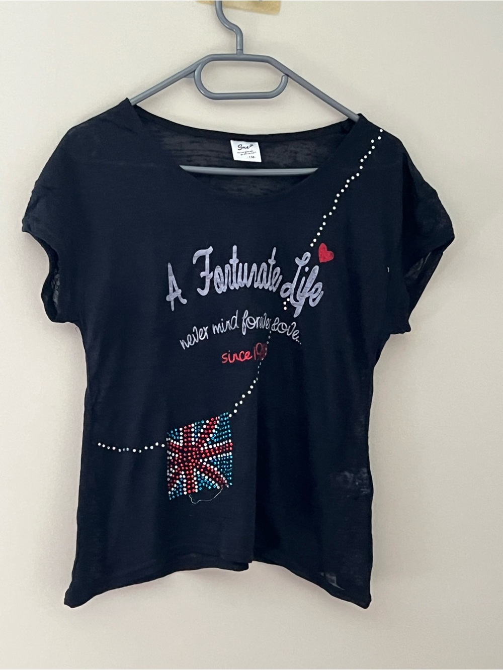 Sue A Fortunate Life Black Graphic Rhinestone Union Jack Top Size 150